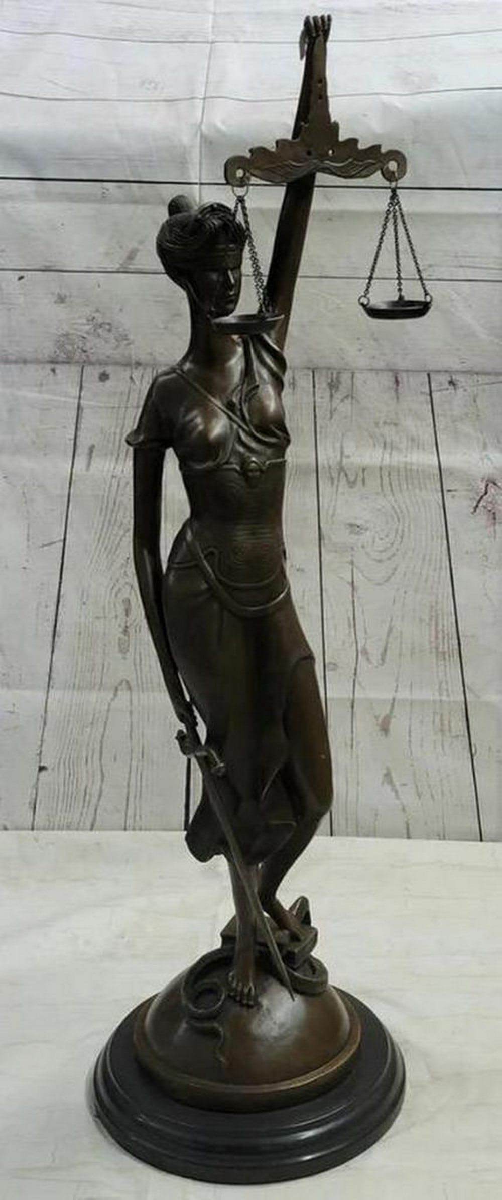 Divine Justice - 'Lady Justice' Inspired Bronze Large Sculpture by Mayer on Marble Base - 36" x 10": Divine Justice - 'Lady Justice' Inspired Bronze Large Sculpture by Mayer on Marble Base - 36" x 10" "Divine Justice" stands as a timeless embodiment of justice, a magnificent b