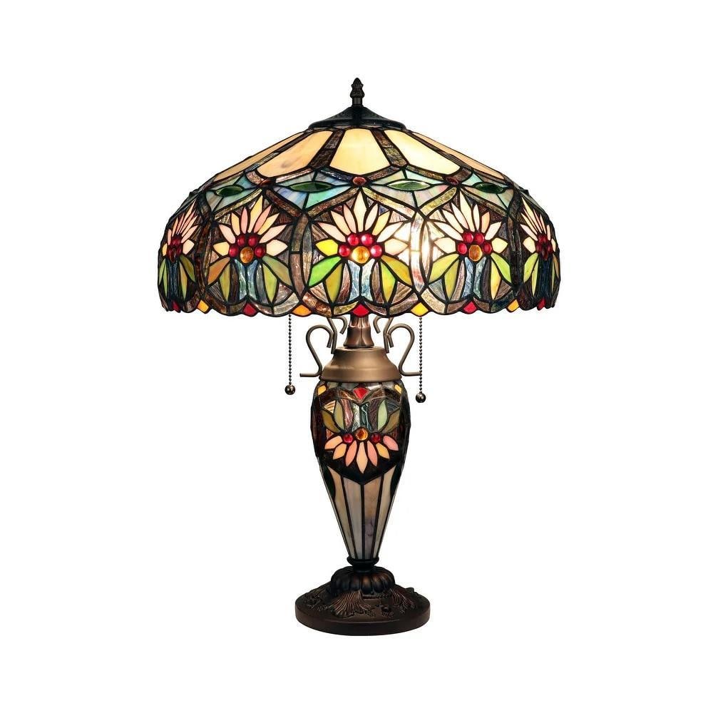 Tiffany-Inspired Floral Three-Light Table Lamp: Tiffany-Inspired Floral Three-Light Table Lamp This Tiffany-style table lamp features a floral design and a double-lit structure, making it suitable for bedrooms, offices, or living rooms. The handcra