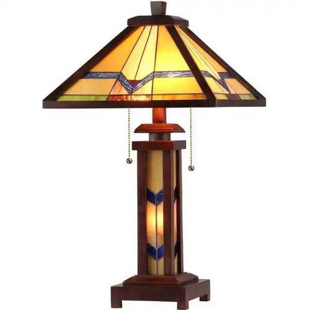 Tiffany-Inspired Two-Tier Geometric Table Lamp: Tiffany-Inspired Two-Tier Geometric Table Lamp Handcrafted with over 60 hand-cut pieces of stained art glass, this Tiffany-style table lamp features a double-lit design with light in both the shade