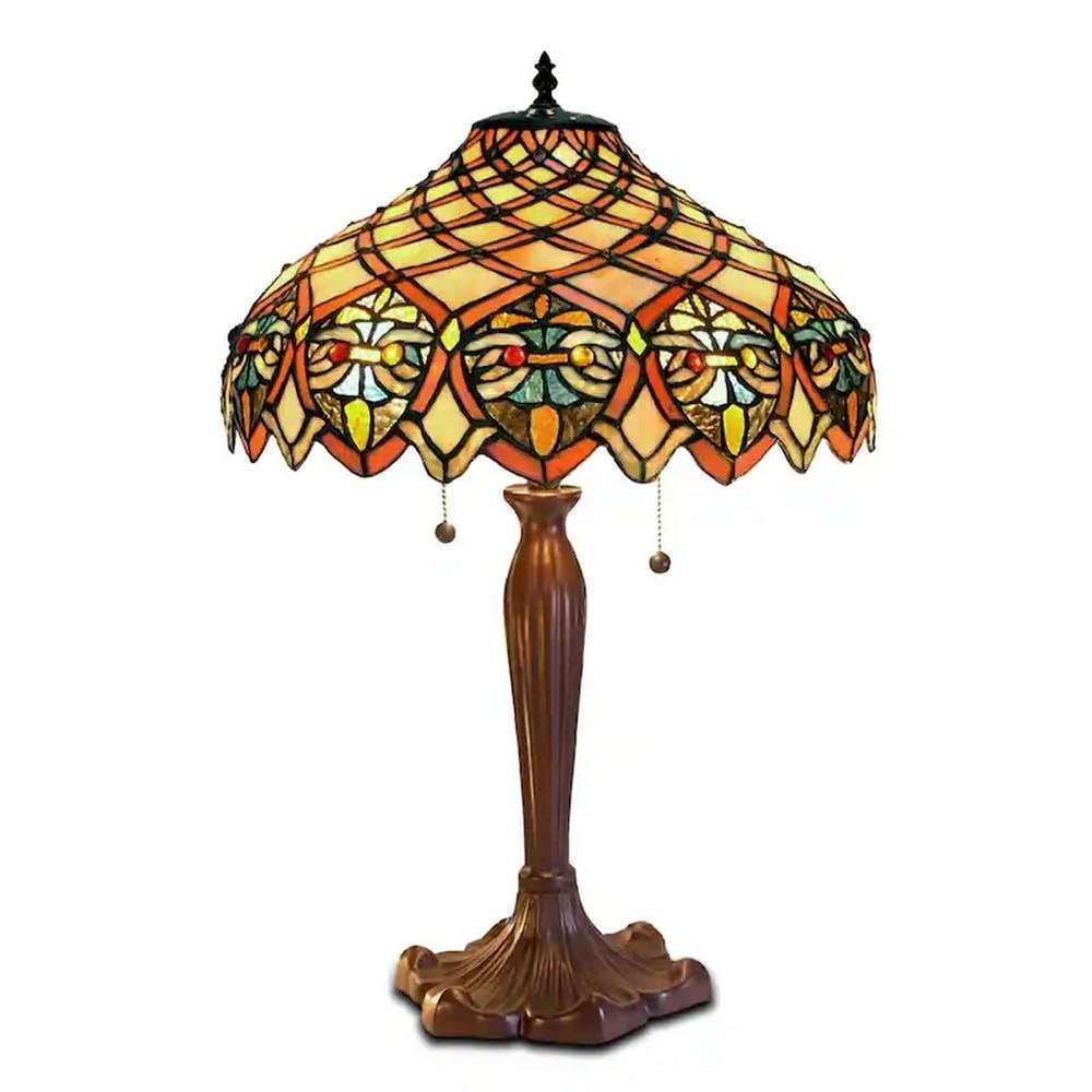 Stained Glass Orange Style Tiffany Lamp: Stained Glass Orange Style Tiffany Lamp Add a burst of color to a room with this handcrafted table lamp. Tiffany-style shade produce a red-orange glow for traditional beauty, and the brown metal base 