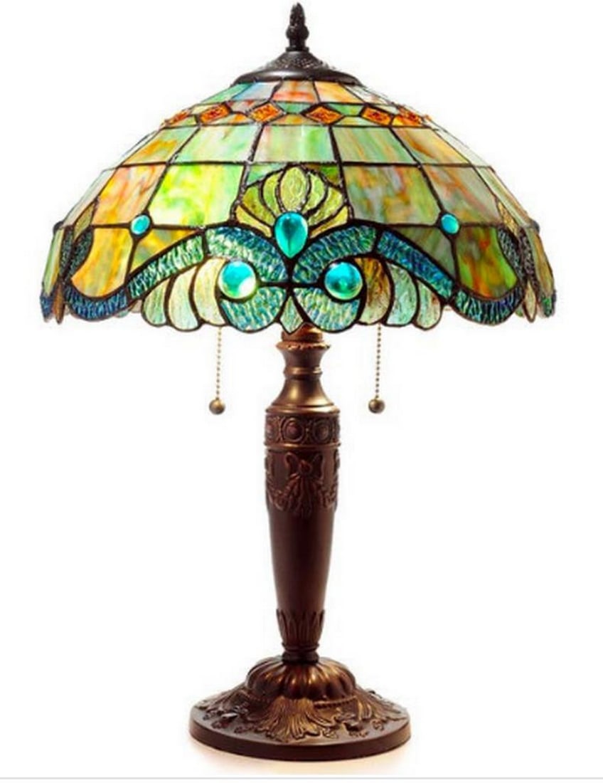 Tiffany Inspired Pearl Vintage Table Lamp: Tiffany Inspired Pearl Vintage Table Lamp Imbue your space with the traditional refinement of this exceptional Tiffany-style table lamp. The combination of stained glass pieces in a scalloped shade cr