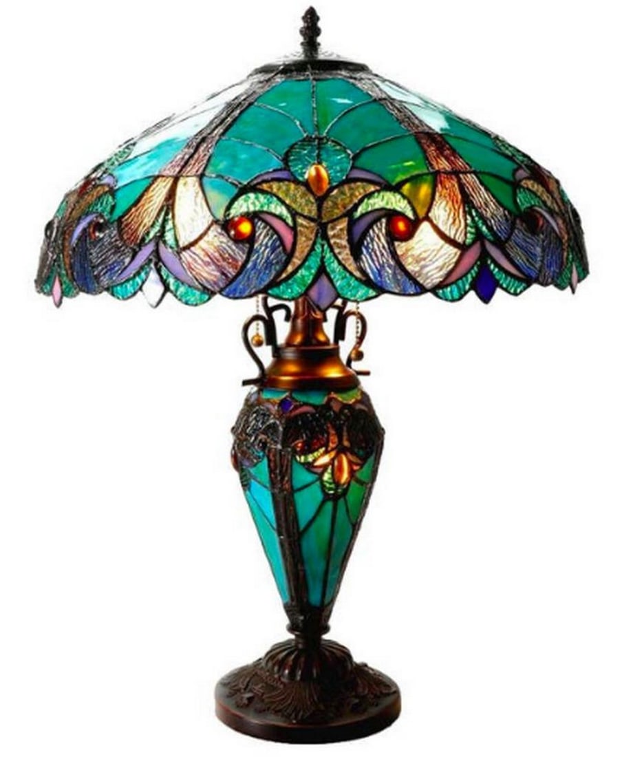 Chloe Tiffany Inspired Halston Double Lit Table Lamp: Chloe Tiffany Inspired Halston Double Lit Table Lamp Add vintage elegance to your living space with this striking table lamp. The lamp features a decorative, bronze finish resin base with a candelabra