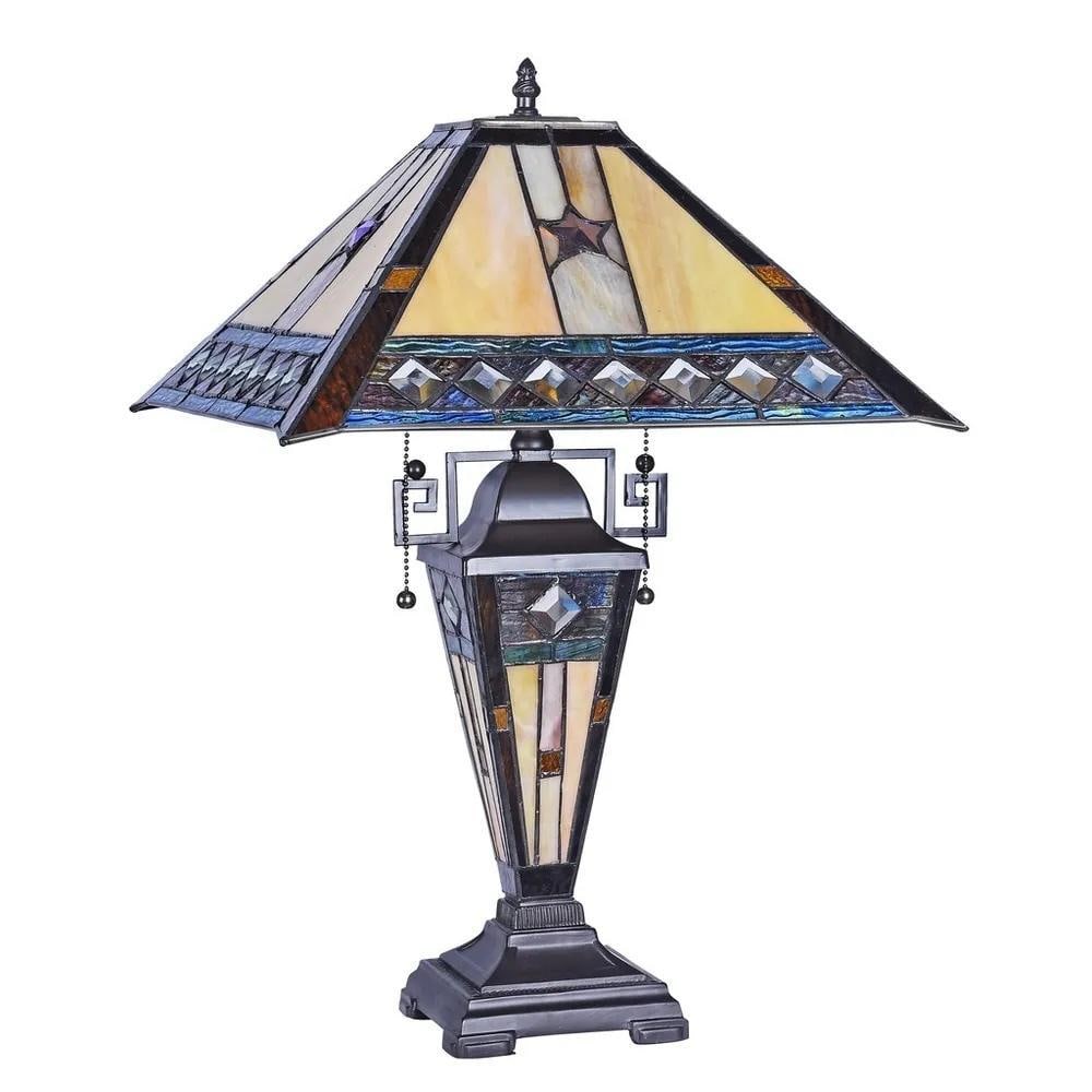 Amberstone Glow Tiffany Table Lamp: Amberstone Glow Tiffany Table Lamp Handcrafted with 136 pieces of stained art glass, this 23-inch double-lit table lamp brings a warm, inviting glow to any space. The shade features tones of beige and