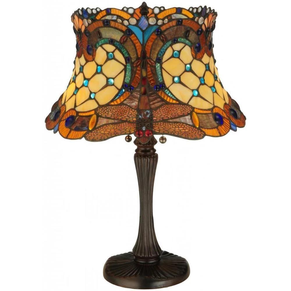 Tiffany-Style Hanging Head 2-Light Dragonfly Table Lamp: Tiffany-Style Hanging Head 2-Light Dragonfly Table Lamp Celebrate classic Tiffany artistry with this striking dragonfly table lamp. The shade features Tiffany’s iconic diving dragonfly motif, crafte