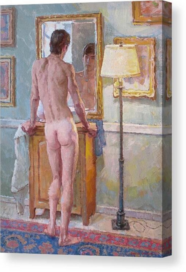 Reflection Canvas Print Wall Art: Reflection Canvas Print Wall Art This canvas print features Reflection by David Tanner. The composition depicts a model posed in a staged interior corner of the artist’s studio, illuminated by a com