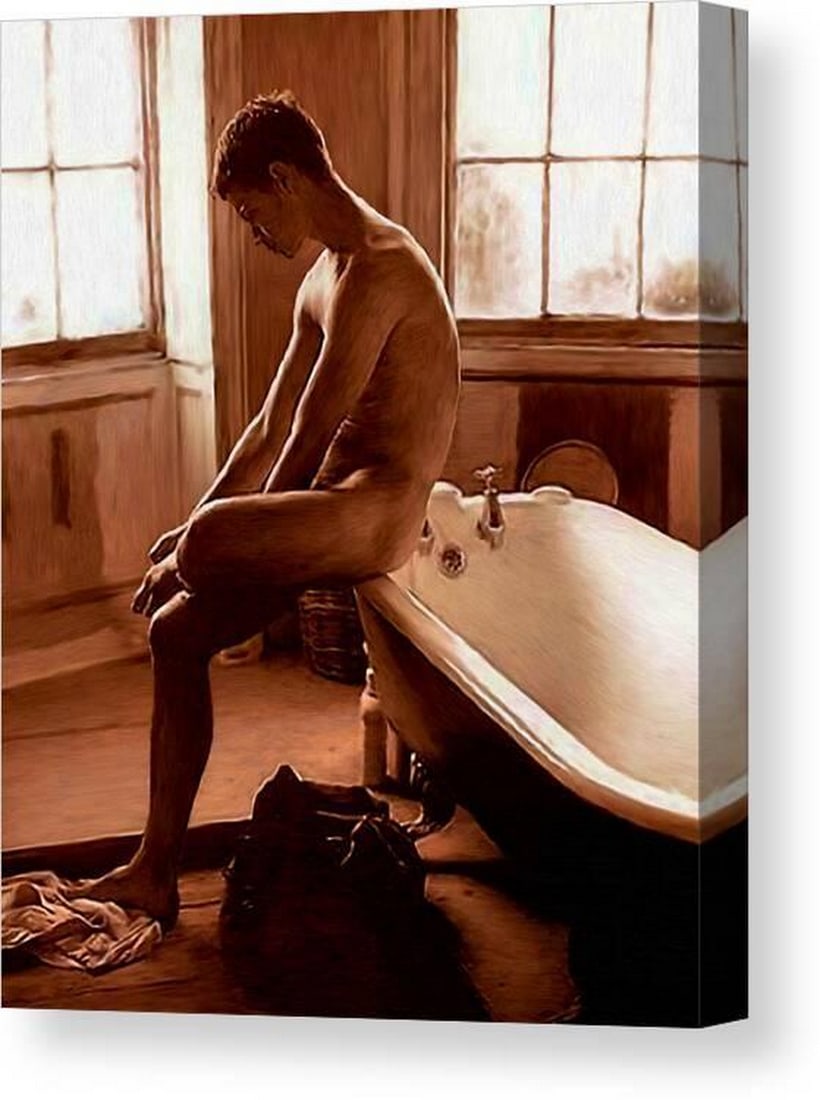 Man and Bath Canvas Print Wall Art: Man and Bath Canvas Print Wall Art This canvas print features Man and Bath by Troy Caperton. The composition depicts a man seated beside a bathtub, capturing a quiet, introspective moment in an
