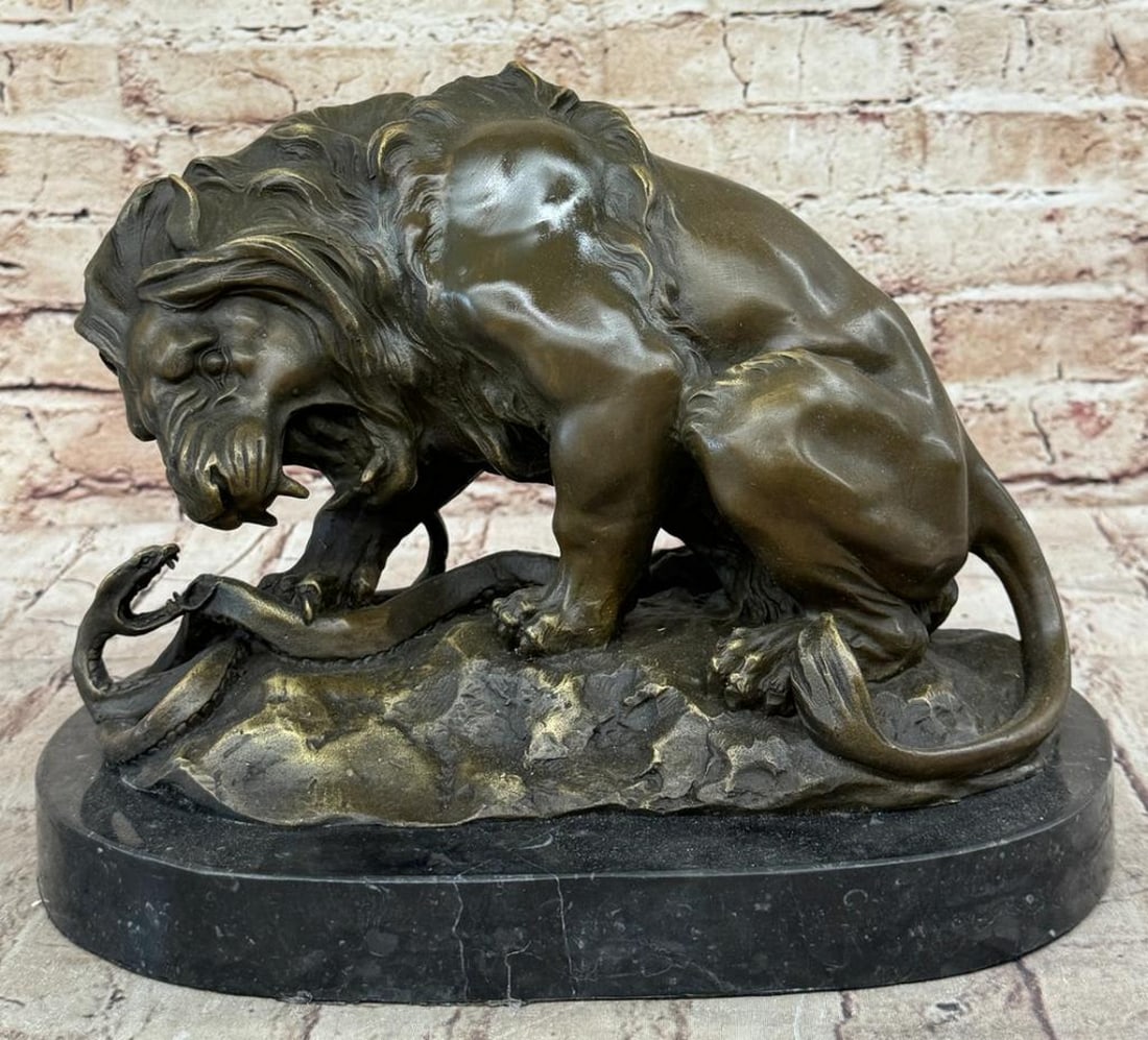 Lion and Snake Bronze Sculpture on Marble Base - 9" x 11" (1 of 6)