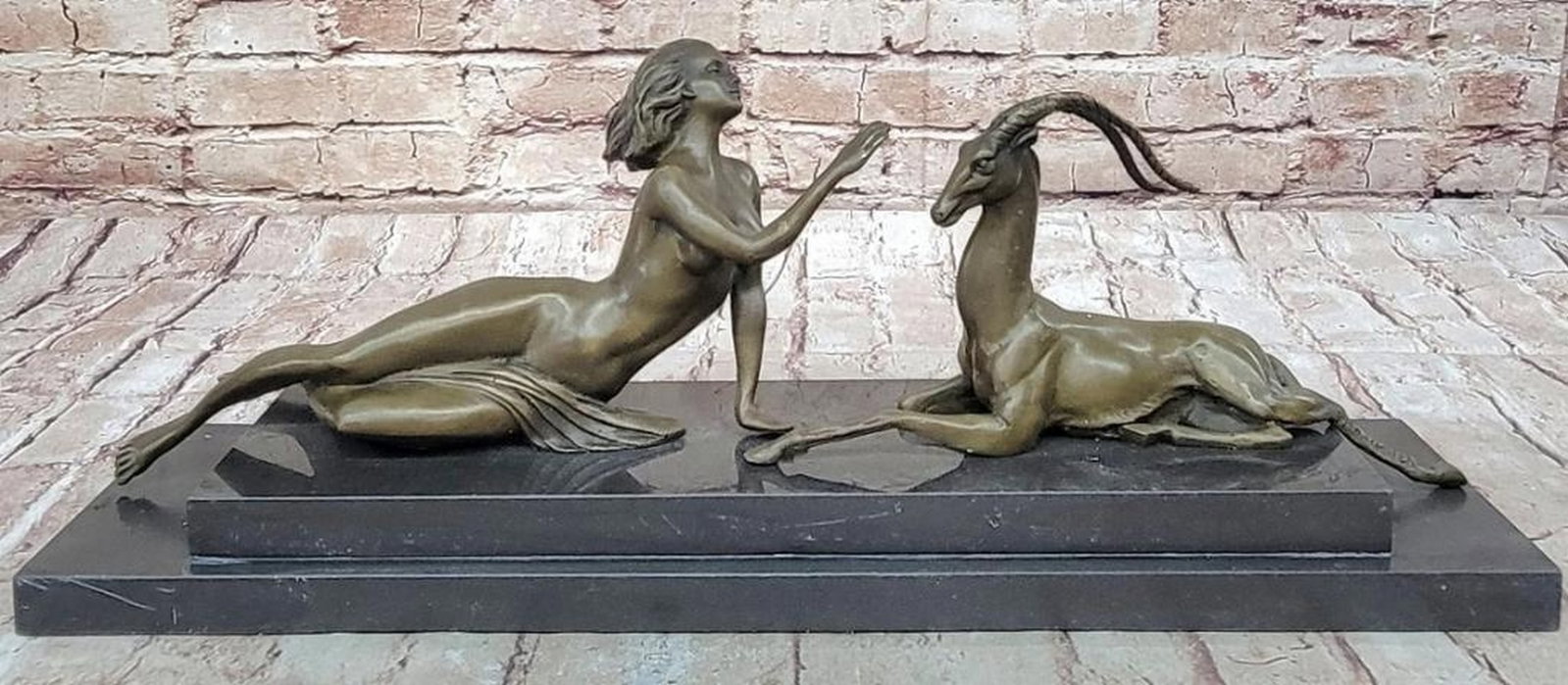 Art Deco Bronze Sculpture: Nude Diana with Goat - 7" x 19": Art Deco Original Bronze Sculpture: Nude Diana with Goat - 7" x 19" This exquisite bronze sculpture depicts a naked woman gently petting a goat, capturing a serene connection between human and