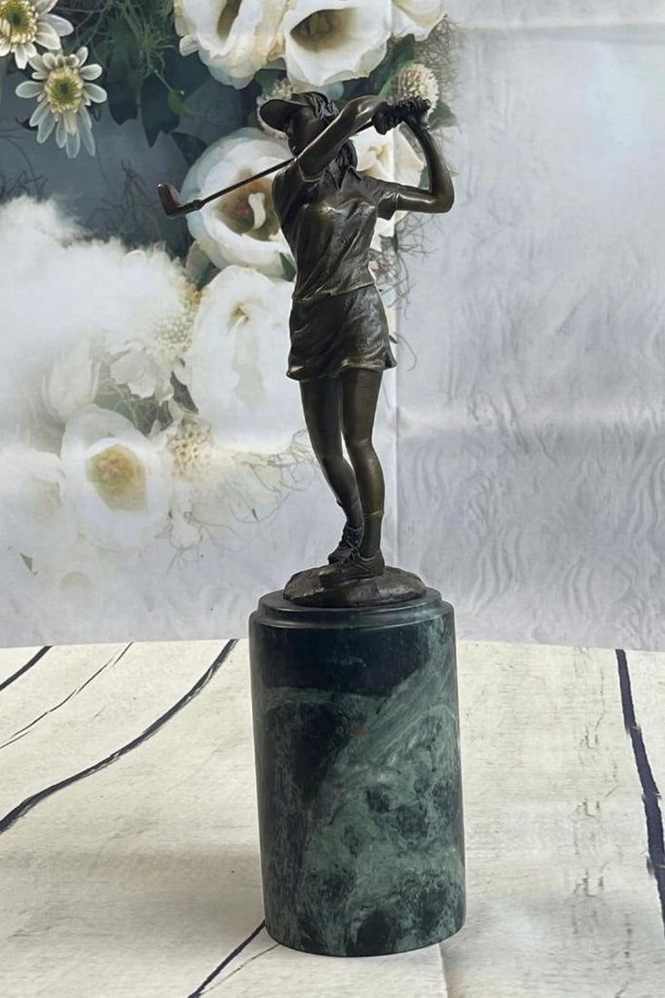 Signed Original Girl Golfer Bronze Sculpture On Marble Base - 13" x 3" (1 of 6)