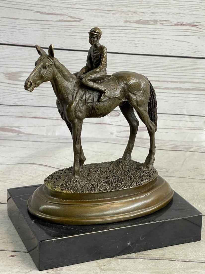 Exhilarating Race Horse and Jockey Bronze Sculpture by Milo - 8" x 6.5": Racing Jockey Original Bronze Statue - 8" x 6.5" Experience the thrilling essence of a lifetime race with this captivating bronze sculpture. The dynamic synergy between the thoroughbred horse 