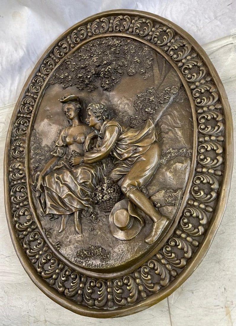 The Apology – Bronze Bas Relief by Jean Patoue - 17.5" X 14": The Apology – Bronze Bas Relief by Jean Patoue - 17.5" X 14" Capturing the raw emotion of love’s trials, this striking bronze bas relief depicts a young woman torn between forgiveness and 