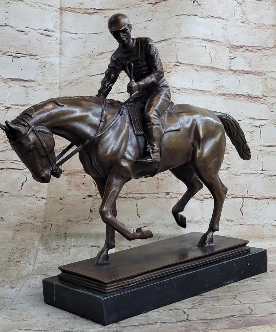 Signed Original Horse & Jockey Bronze Sculpture - 13.5" x 14": Signed Original Horse & Jockey Bronze Sculpture - 13.5" x 14" The jockey and horse, a dynamic team of speed, eagerly approach the starting line, readying themselves for the exhilarating