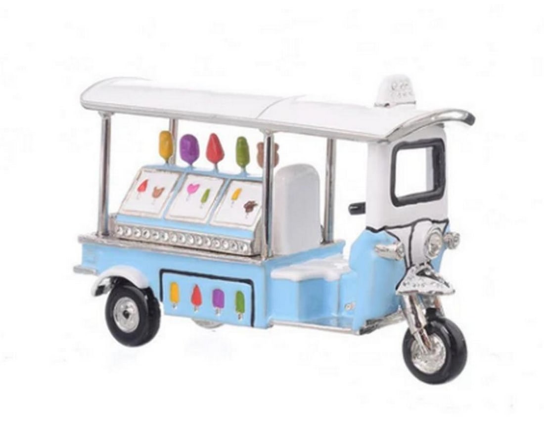 Ice Cream Mobile Stand Trinket Box: Ice Cream Mobile Stand Trinket Box This enamel-painted trinket box, plated with 24K gold, features handpicked Austrian crystals that are artistically placed on the piece. It is equipped with a