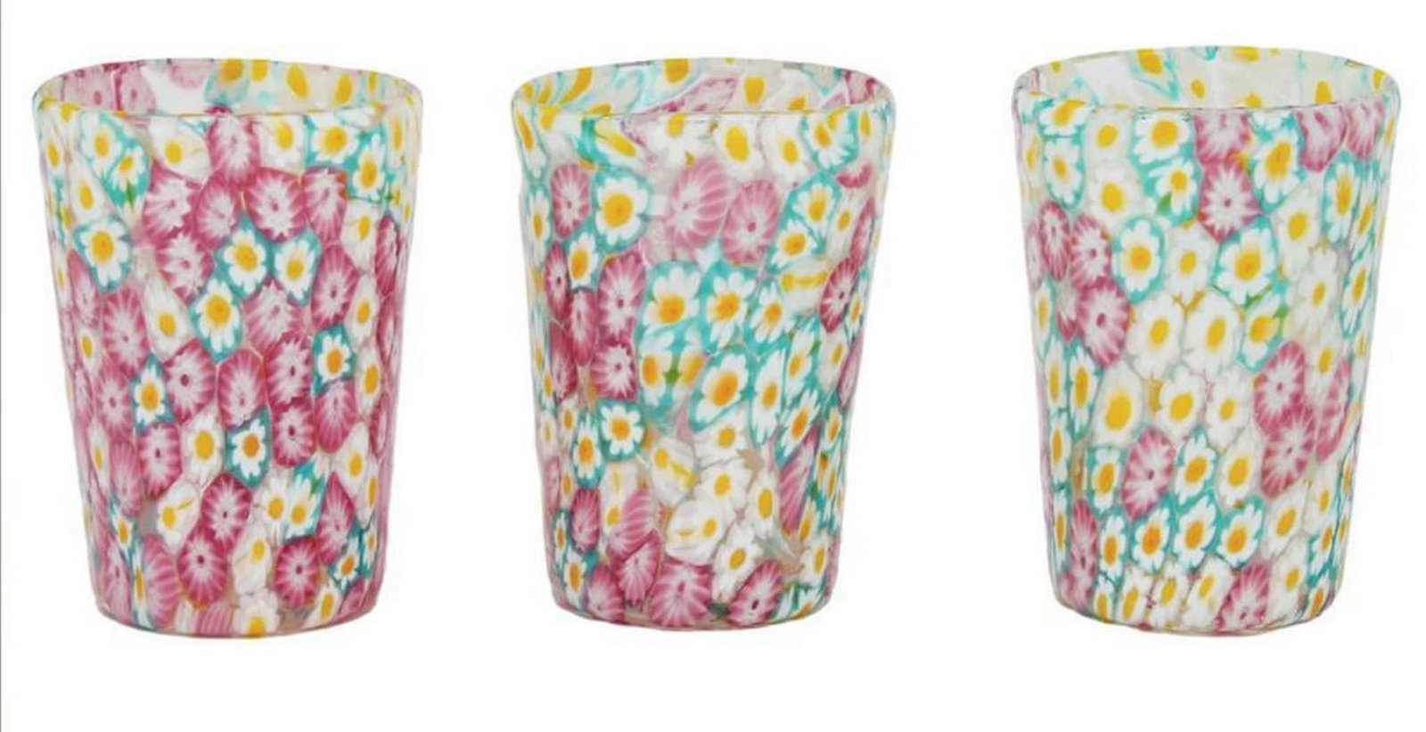 Six Millefiori Pink Murano Glass Drinking Cups: Six Millefiori Pink Murano Glass Drinking Cups A beautiful and unique set of 6 glasses made with Murrine Millefiori, high quality texture composition. All items are in different unique handmade with m