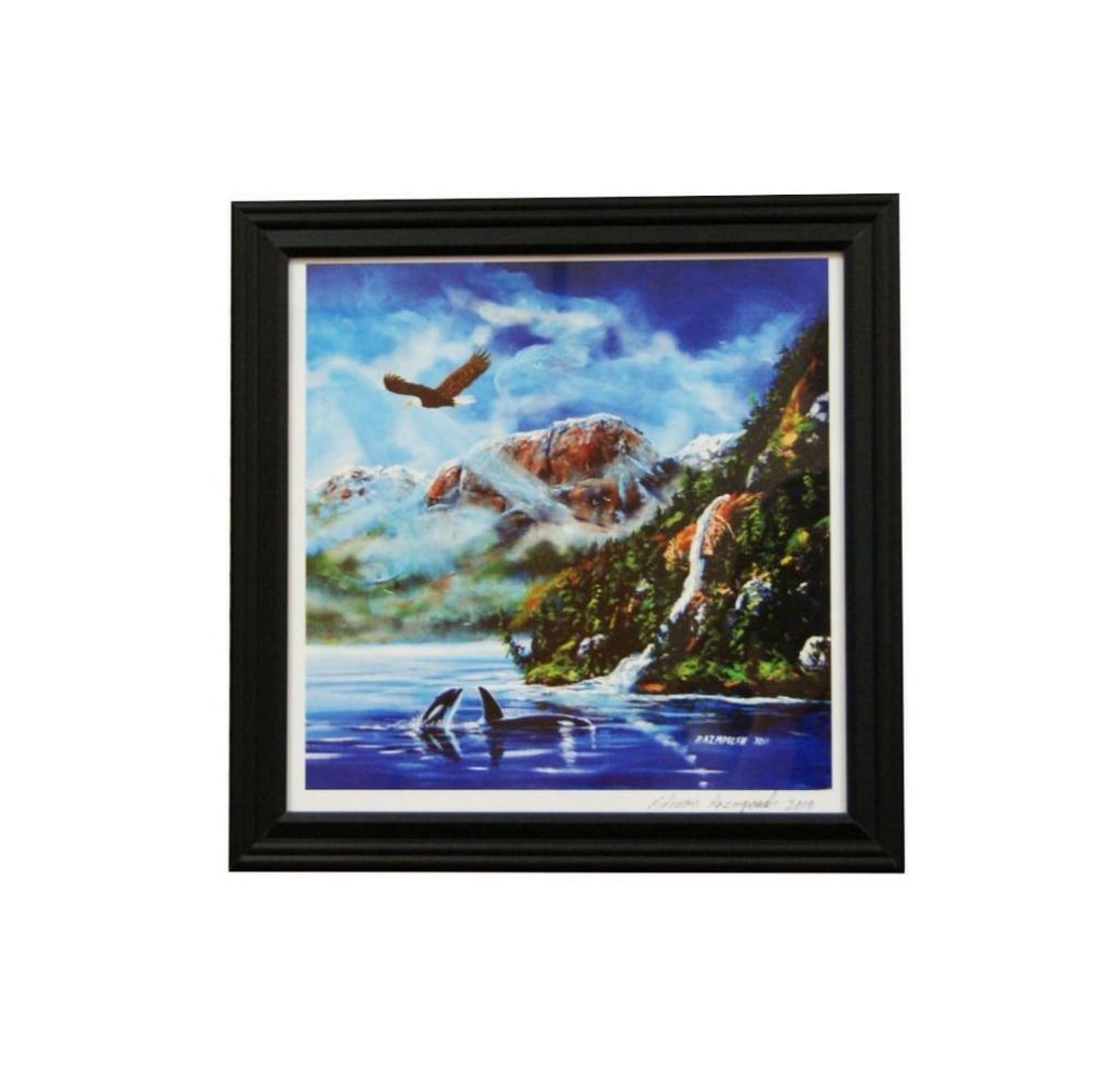 14" x 14" Eagle And Killer Whales Framed Art Print: 14" x 14" Eagle And Killer Whales Framed Art Print Adopted native artist Mehran Raz is known for painting murals on many buildings. He captured moment from the British Columbia coastline and p