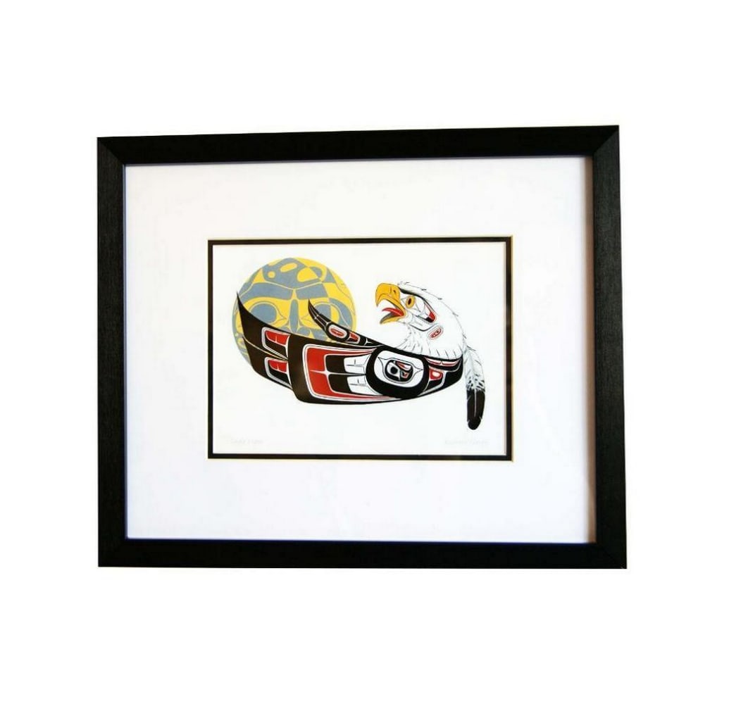 Majestic Night Flight: Art by Richard Shorty 'Eagle & Moon' Framed Print - 12" x 14": Majestic Night Flight: Art by Richard Shorty 'Eagle & Moon' Framed Print - 12" x 14" Embark on a celestial journey with our 'Majestic Night Flight: Eagle & Moon' Framed