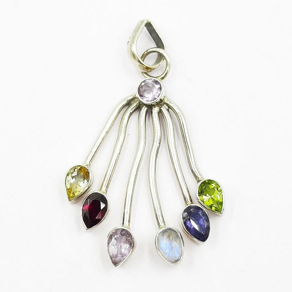 Multi Stone Necklace Pendant: Multi Stone Necklace Pendant This necklace pendant features Amethyst, Citrine, Peridot, and Iolite stones to create a stunning array of bright colours to hang from your neck! This is the perfect warm 