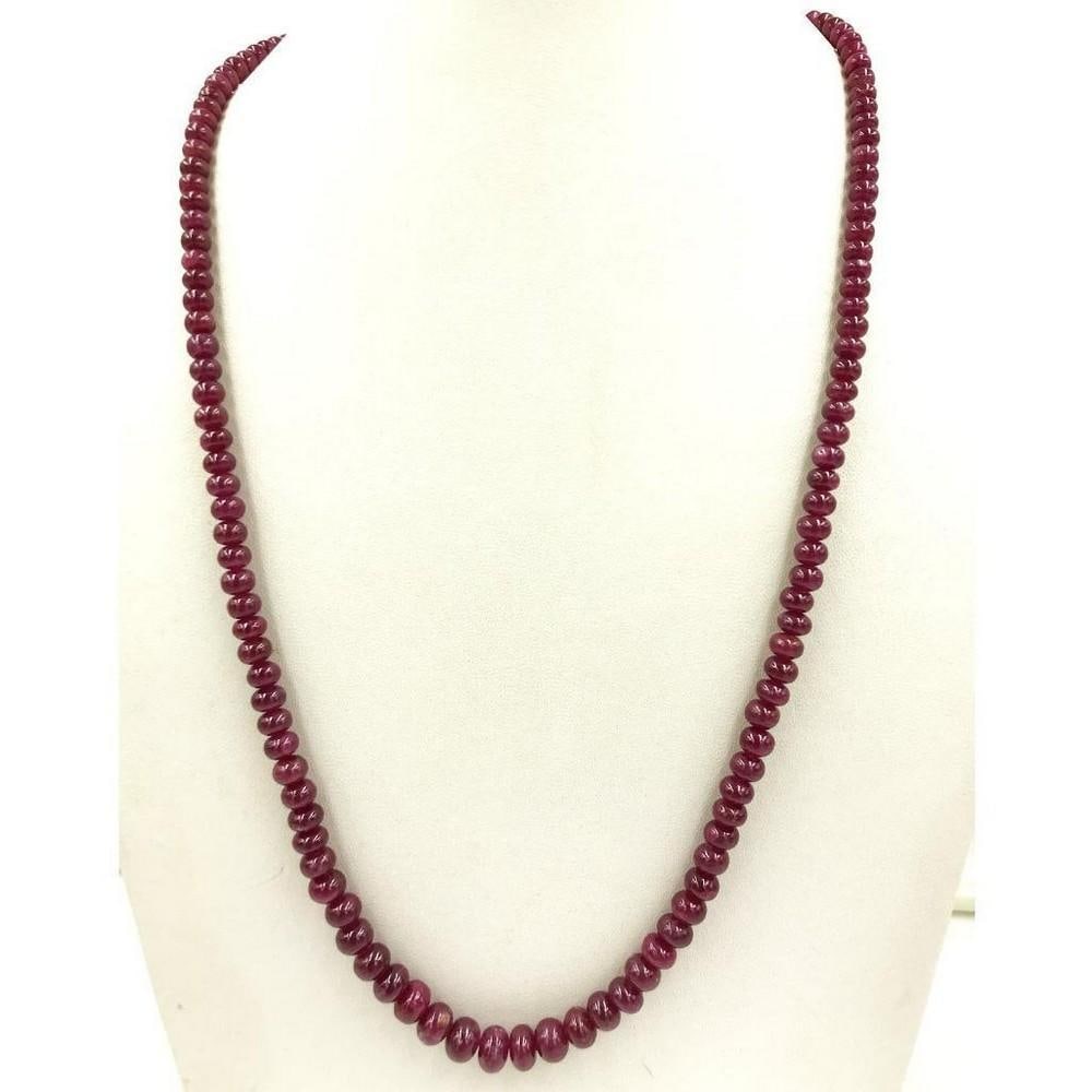 18" Ruby Beads String Necklace: 18" Ruby Beads String Necklace Introducing our Ruby Plain Beads String, a masterpiece of understated elegance. The beads, ranging from 4.9 to 7.8 mm in diameter, showcase the deep and lustrous