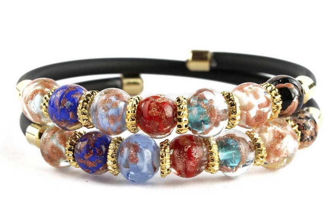 Double Rowed Multicolour Glass Bead Bracelet: Double Rowed Multicolour Glass Bead Bracelet Hand made bracelet with Murano glass, lamp working technique. Beads are made in glass molten and embellished with different colors and avventurina, so this