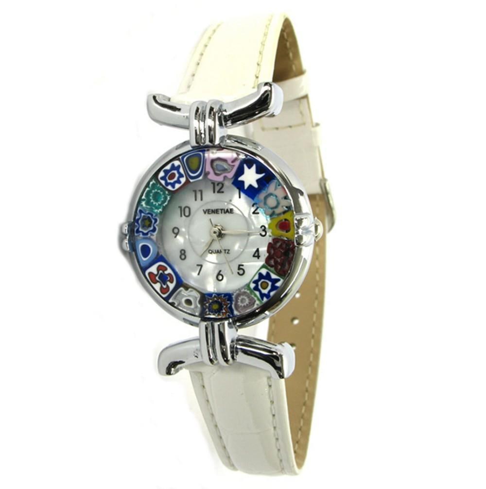 Millefiori Wristwatch With White Strap & Chrome Casing: Millefiori Wristwatch With White Strap & Chrome Casing This elegant original Murano glass watch is a unique timepiece featuring high-quality workmanship and the most famous Murano technique-