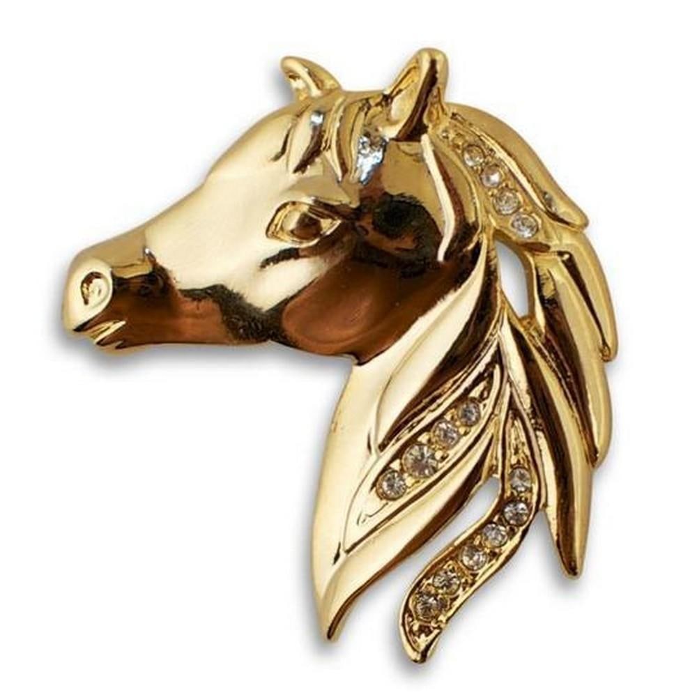 Gold Plated Horse Brooch with Crystals: Gold Plated Horse Brooch with Crystals Features: 1.25 Inches Wide X 1.3 Inches Tall Pewter, Crystals, Gold Plated Boxed Please View Photo For Further Details.