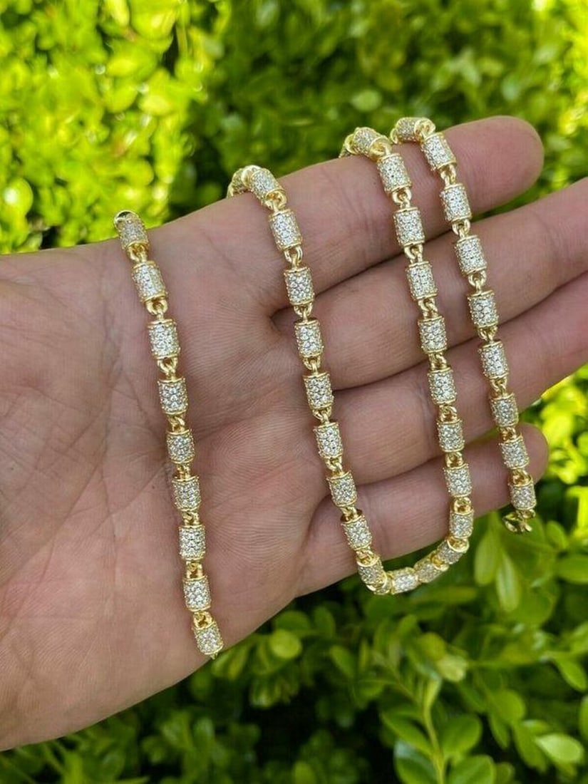 22" 14k Gold & 925 Solid Silver Iced Out Barrel Chain 4mm Width: 22" 14k Gold & 925 Solid Silver Iced Out Barrel Chain 4mm Width Mens or Ladies 4mm Wide Gold and Silver Barrel Chain 18-2
