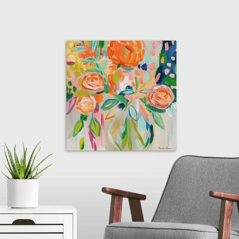 Summer Orange Floral Canvas Reproduction: Summer Orange Floral Canvas Reproduction By Farida Zaman Abstract square painting of a bouquet of flowers in bold shades of orange. Width: 20 inches Height: 20 inches View photos for further details.