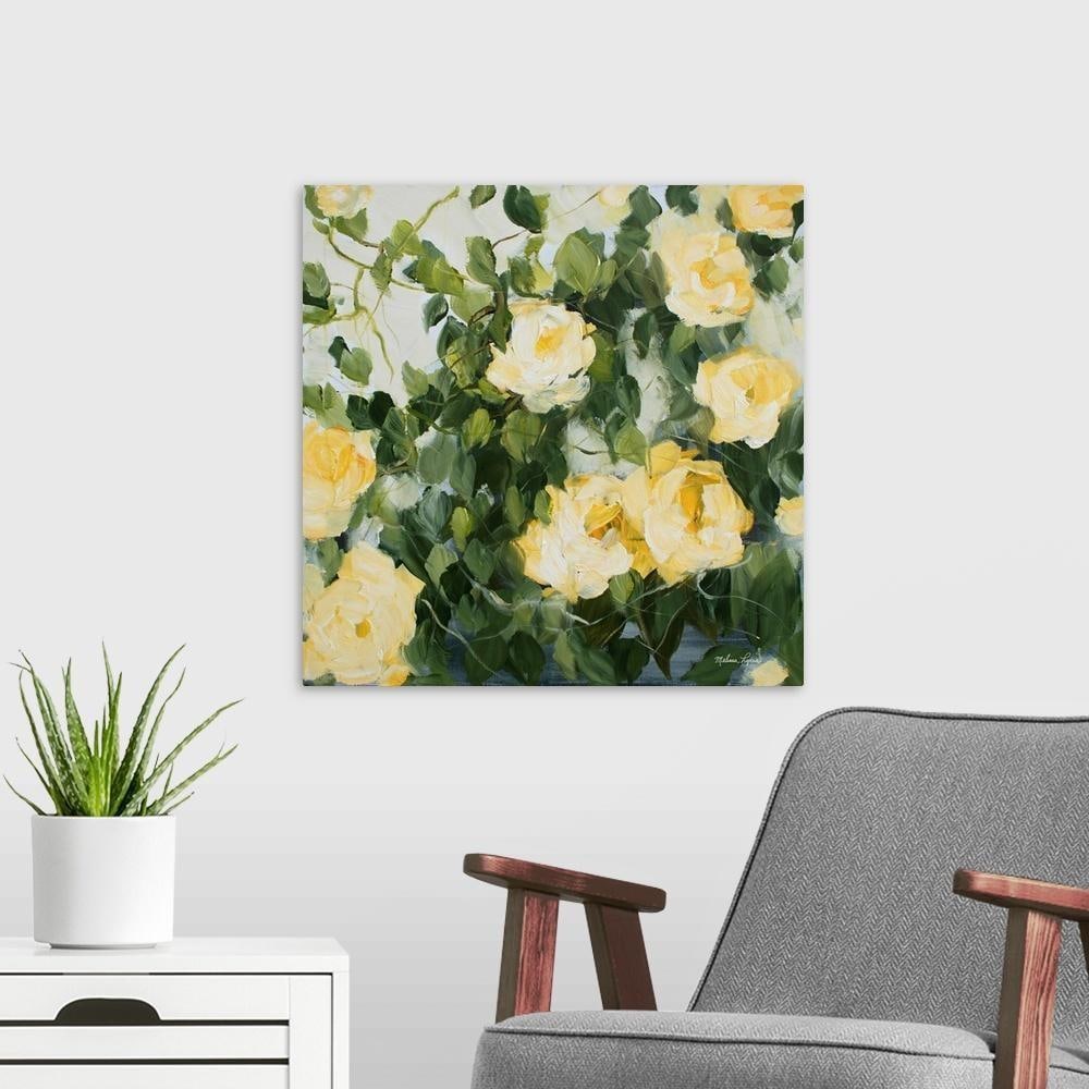 Yellow Roses II Canvas Reproduction: Yellow Roses II Canvas Reproduction By Melissa Lyons Melissa Lyons feels as though her paintings reflect the state of her soul, a constant chase for peace and gratitude. She has a deep desire to know
