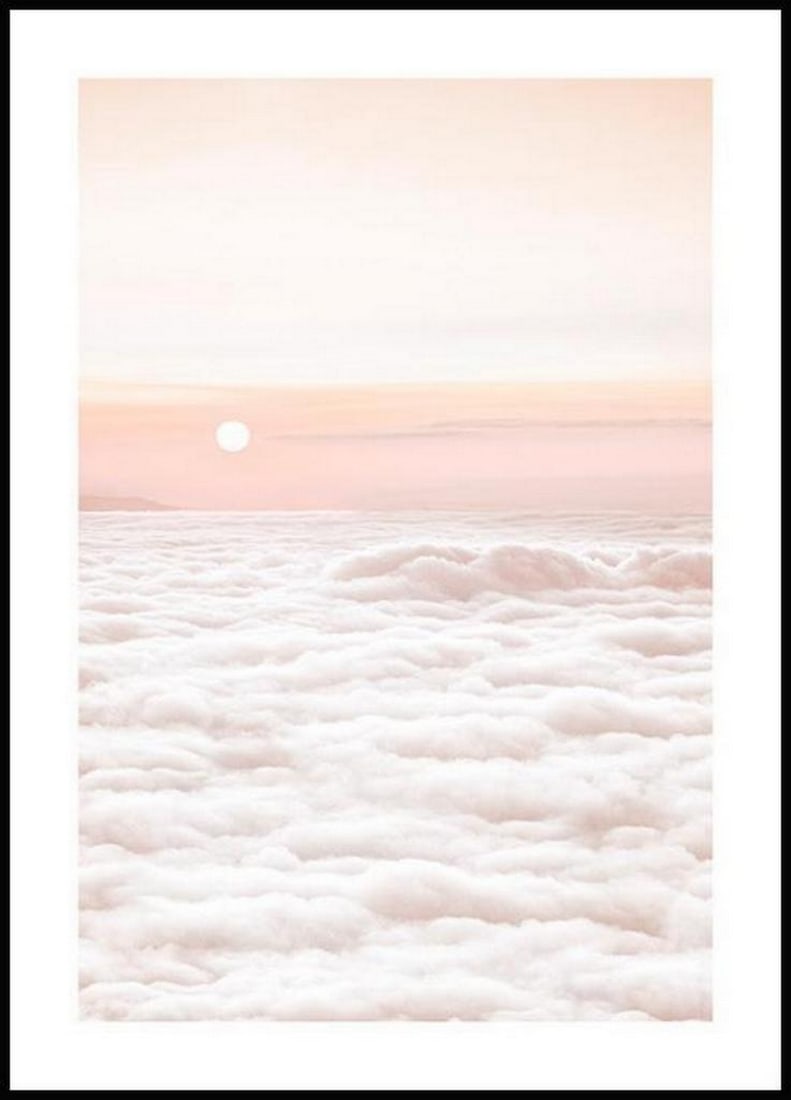 High Over The Clouds Poster: High Over The Clouds Poster A stunning photographic poster with a view over fluffy white clouds in a soft pink sky. This romantic poster makes you feel like you're floating away on a beautiful