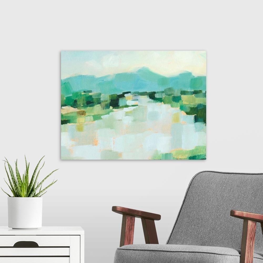 Emerald Island II Canvas Reproduction: Emerald Island II Canvas Reproduction By Ethan Harper Contemporary landscape painting with short brushstrokes in a variety of greens. Width: 24 inches Height: 18 inches View photos for further details