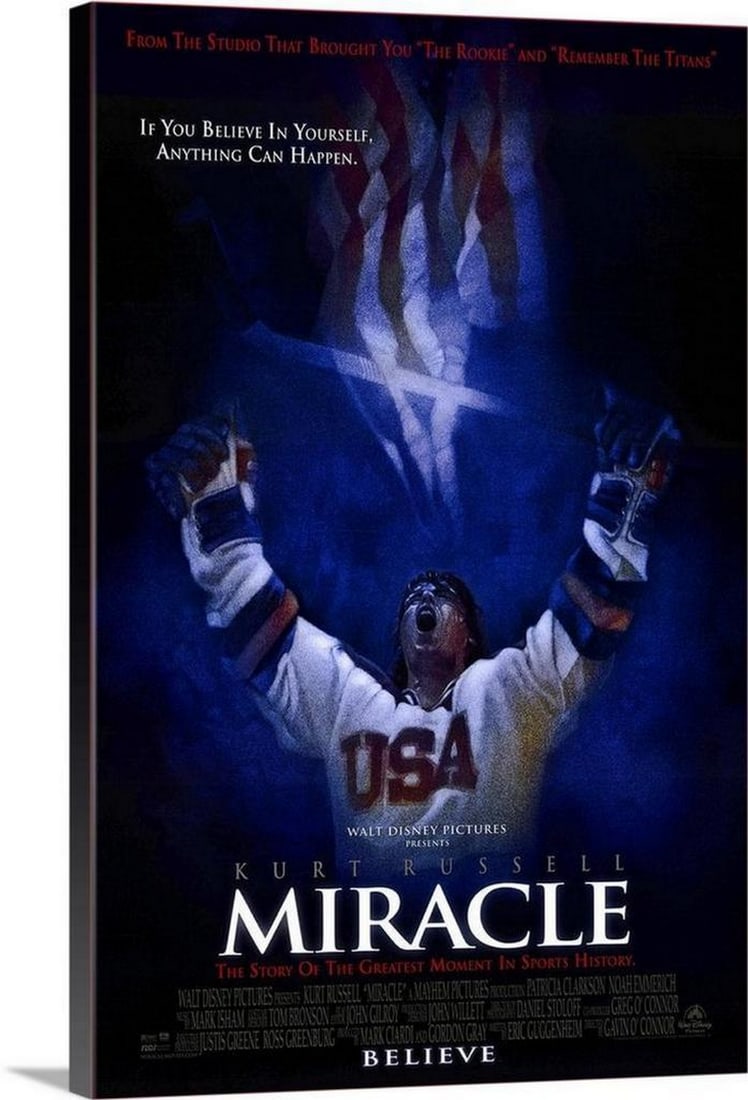 Miracle (2004) Movie Canvas Reproduction: Miracle (2004) Movie Canvas Reproduction Docudrama movie Canvas Print for film "Miracle," starring Kurt Russell as US men's hockey team head coach Herb Brooks. The story follows the team a