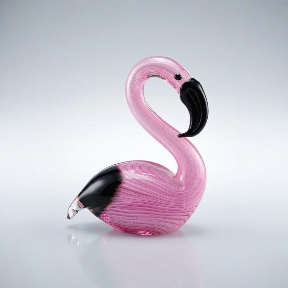 “Pink Glass Flamingo?? Sculpture by Mirhò: “Pink Glass Flamingo” Sculpture by Mirhò This hand-blown glass sculpture by Mirhò depicts a flamingo in a graceful, curved stance, emphasizing balance and clean form. Crafted using tradition