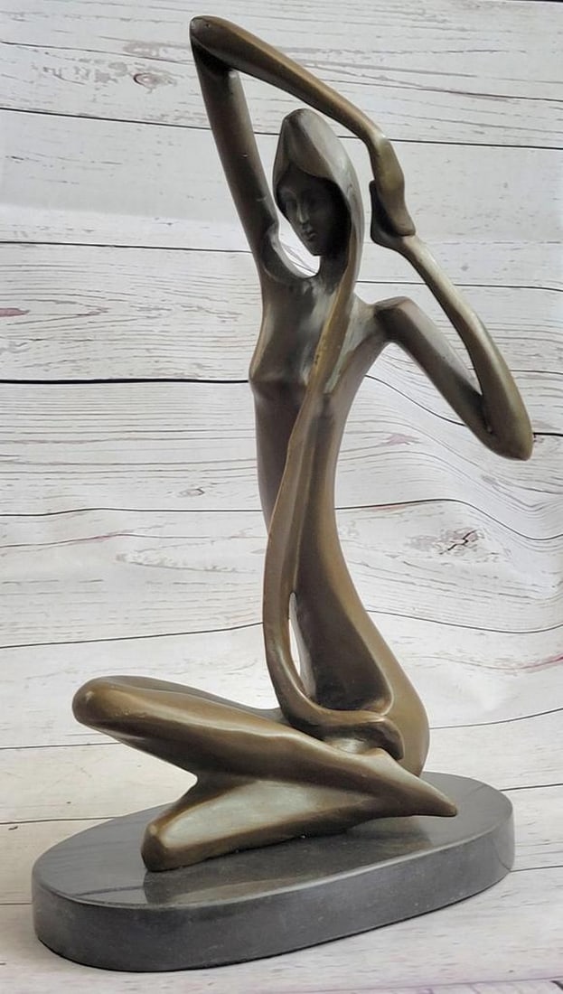Abstract Nude Stretching Women Original Bronze Statue - 11" x 7": Abstract Nude Stretching Women Original Bronze Statue - 11" x 7" This original bronze statue portrays an abstract figure of a woman stretching, with elongated limbs and torso capturing the flu
