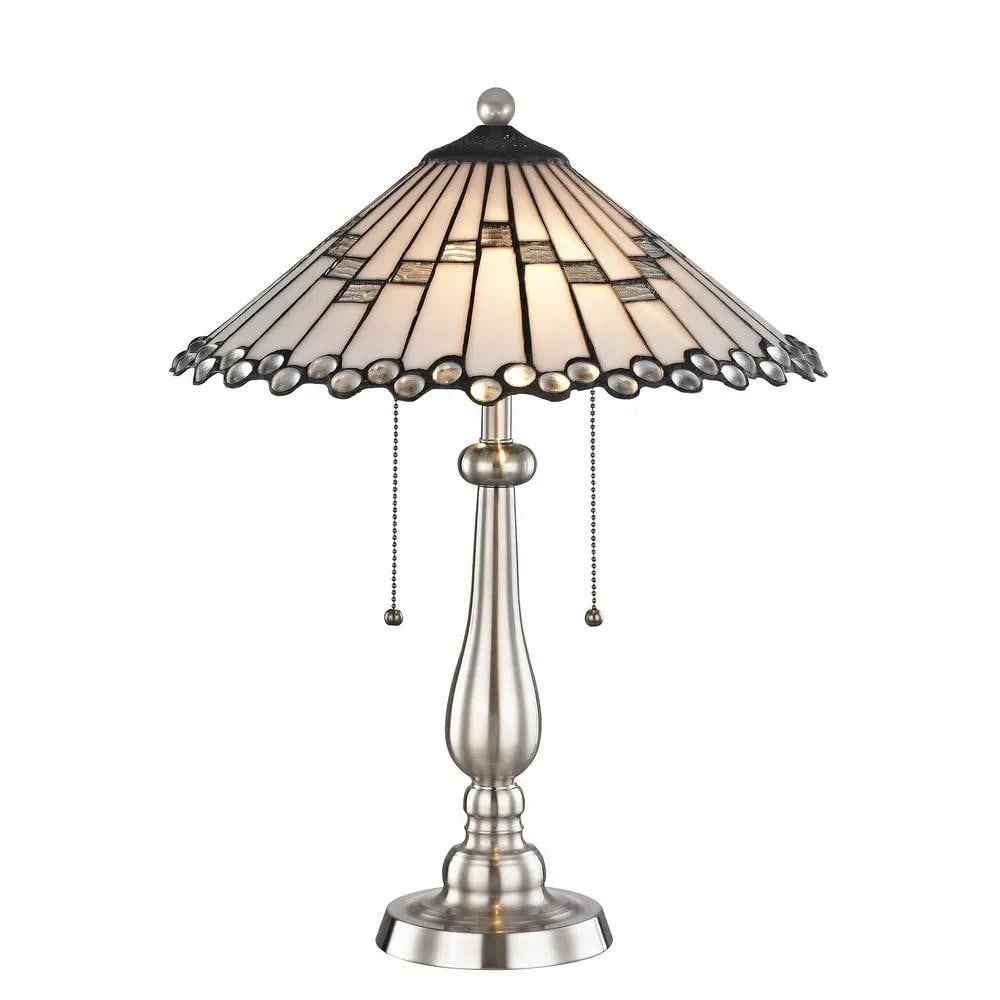 Icy Elegance Tiffany-Style Art Glass Table Lamp: Icy Elegance Tiffany-Style Art Glass Table Lamp This Tiffany-style table lamp features a cone-shaped art glass shade in soft, icy tones with creamy panels, frosted glass accents, and clear glass gem d