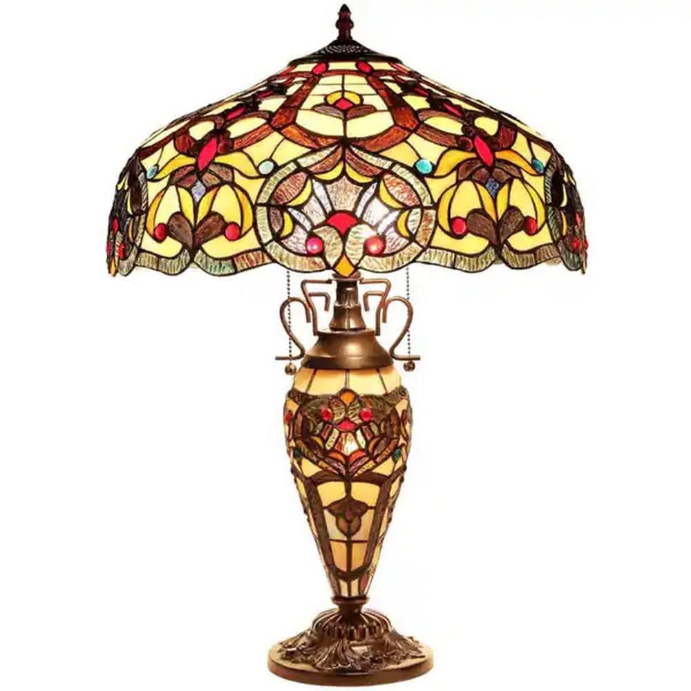 Tiffany-Style Double-Lit Stained Glass Table Lamp: Tiffany-Style Double-Lit Stained Glass Table Lamp This Tiffany-style stained glass table lamp is handcrafted with over 520 individually hand-cut pieces of art glass, creating a richly detailed and ele