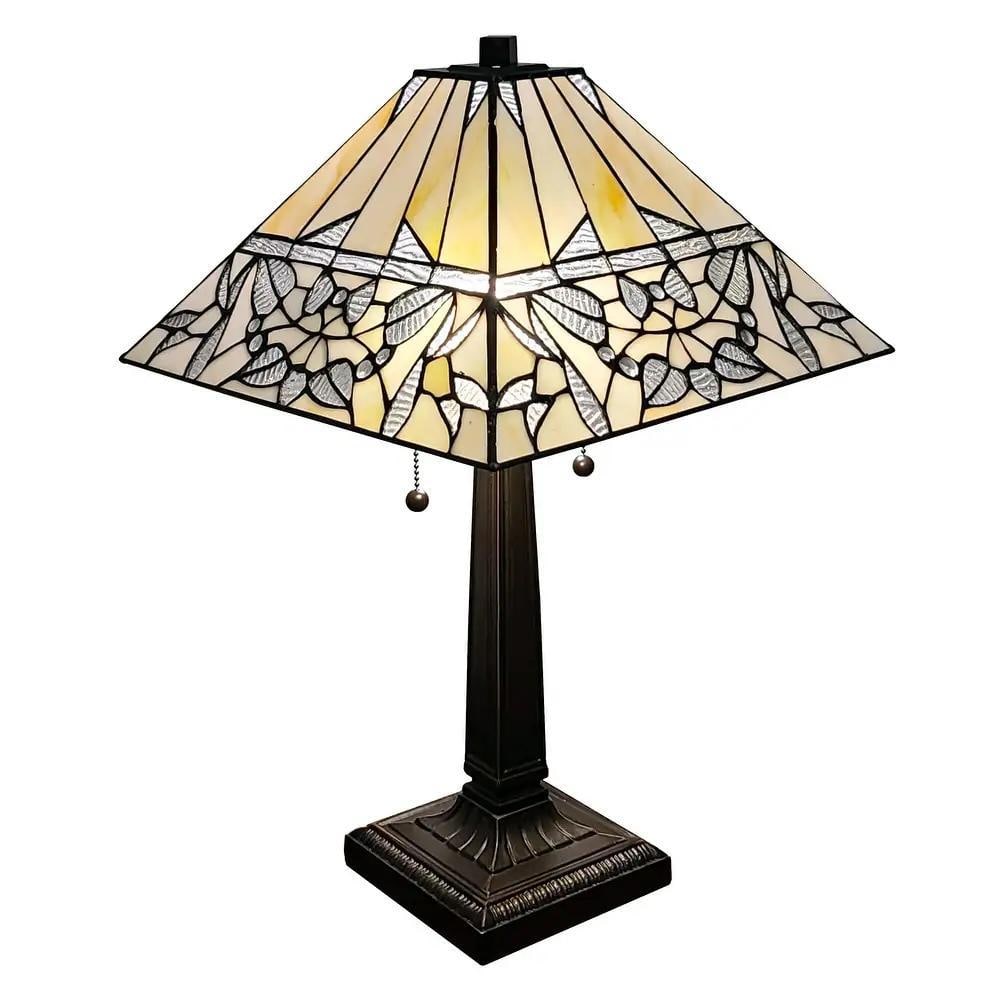 Tiffany Style Table Lamp in Ivory & Brown Antique Glass: Tiffany Style Table Lamp in Ivory & Brown Antique Glass Add classic vintage appeal to your space with this Tiffany style table lamp. The handcrafted stained glass shade features warm ivory and bro