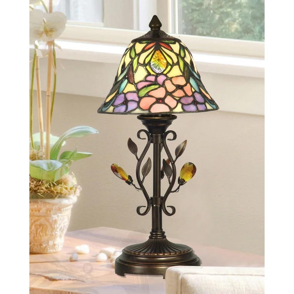 Crystal Peony Tiffany-Inspired Accent Table Lamp: Crystal Peony Tiffany-Inspired Accent Table Lamp Small accent table lamp with a stained glass dome shade featuring pastel peony motifs, green vine detailing, and amber glass accents. The shade is pair
