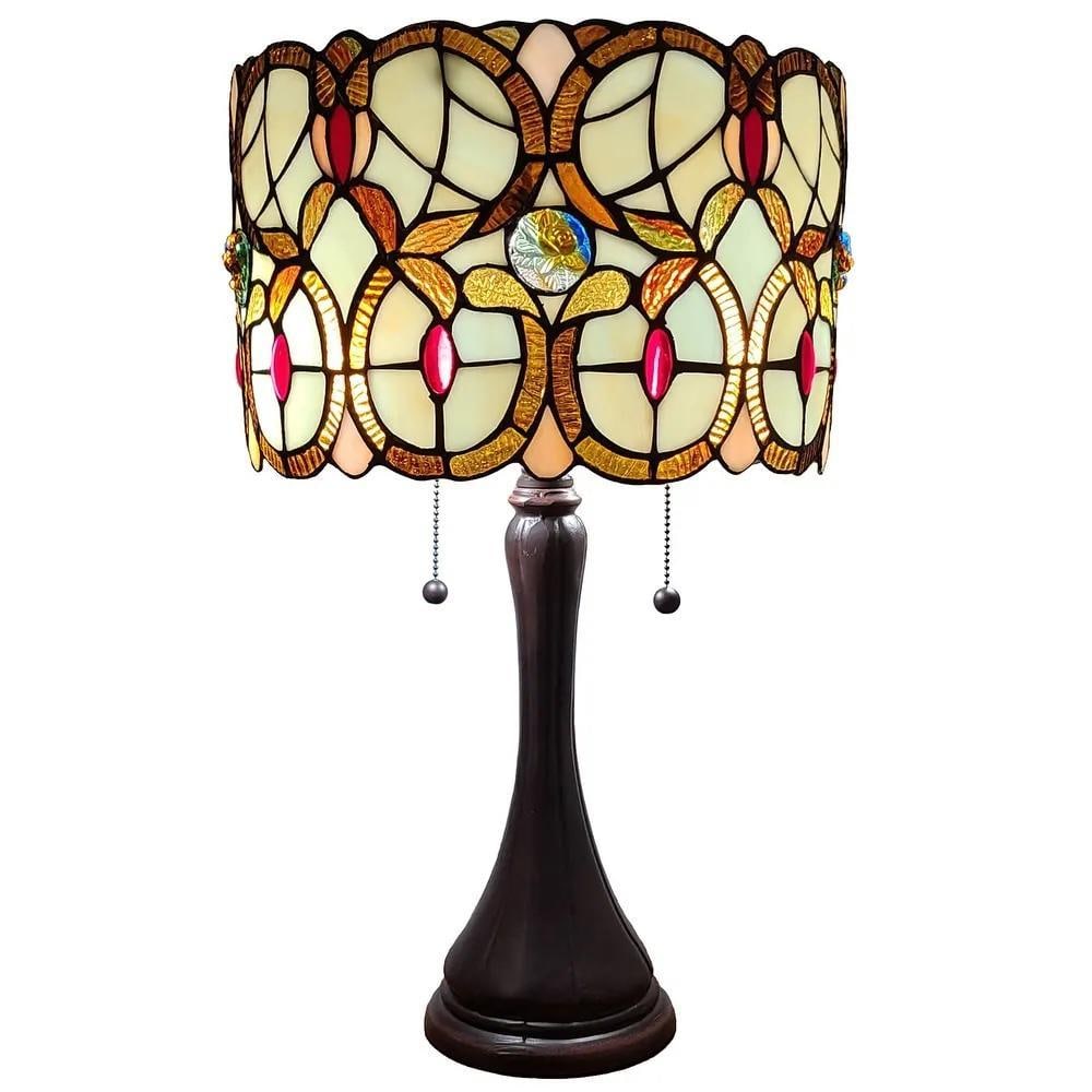Tiffany Style Floral Stained Glass Table Lamp in Tan & Amber: Tiffany Style Floral Stained Glass Table Lamp in Tan & Amber Enhance your space with the warm glow and intricate beauty of this Tiffany Style Floral Stained Glass Table Lamp. The handcrafted shade
