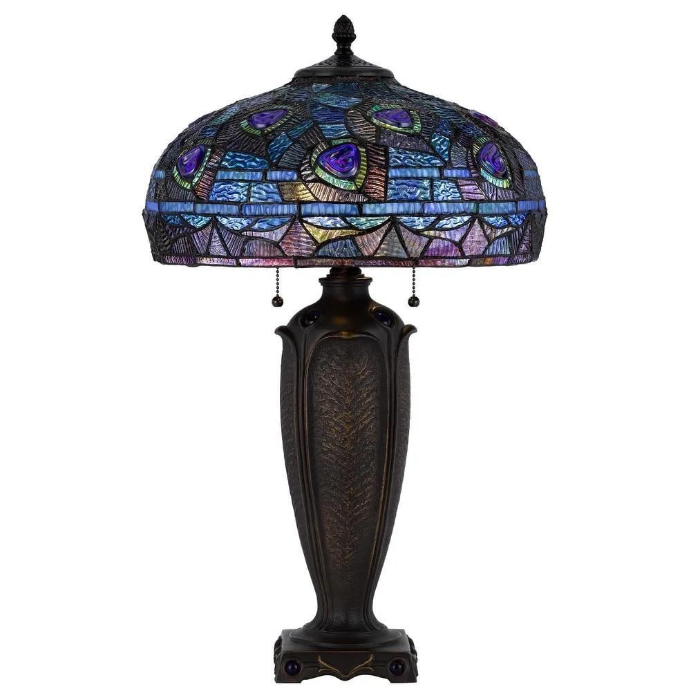 Autumn Radiance Tiffany Table Lamp: Autumn Radiance Tiffany Table Lamp A vibrant accent piece crafted in the Tiffany tradition, this 26-inch table lamp features a hand-cut stained glass shade paired with a dark bronze base made of metal