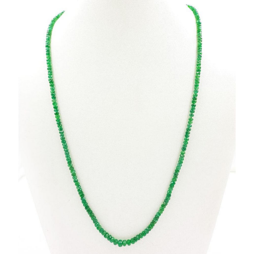 Single Strand Large Faceted Emerald Beads 18.5" Necklace: Single Strand Large Faceted Emerald Beads 18.5" Necklace Bead Diameter: 3.3mm-5.5mm Length of Necklace: 18.5" Weight in Carats: 52.75 View Photos For Further Details.