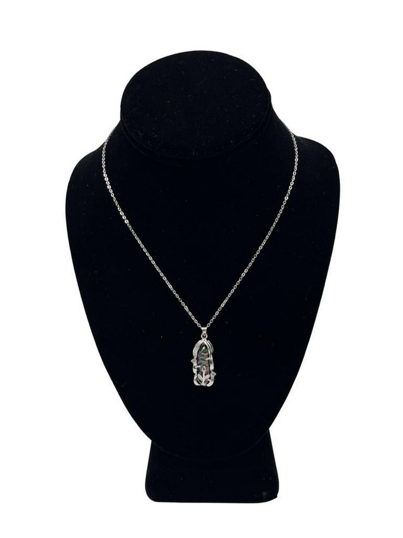 Natural Rainbow Luster Freshwater Biwa Pearl On Crystal Flower Pendant & Chain Necklace: Natural Rainbow Luster Freshwater Biwa Pearl On Crystal Flower Pendant & Chain Necklace.The 12mm x 26mm Rainbow Luster Biwa Freshwater Pearl Is Encased In A Beautifully Crafter Crystal &