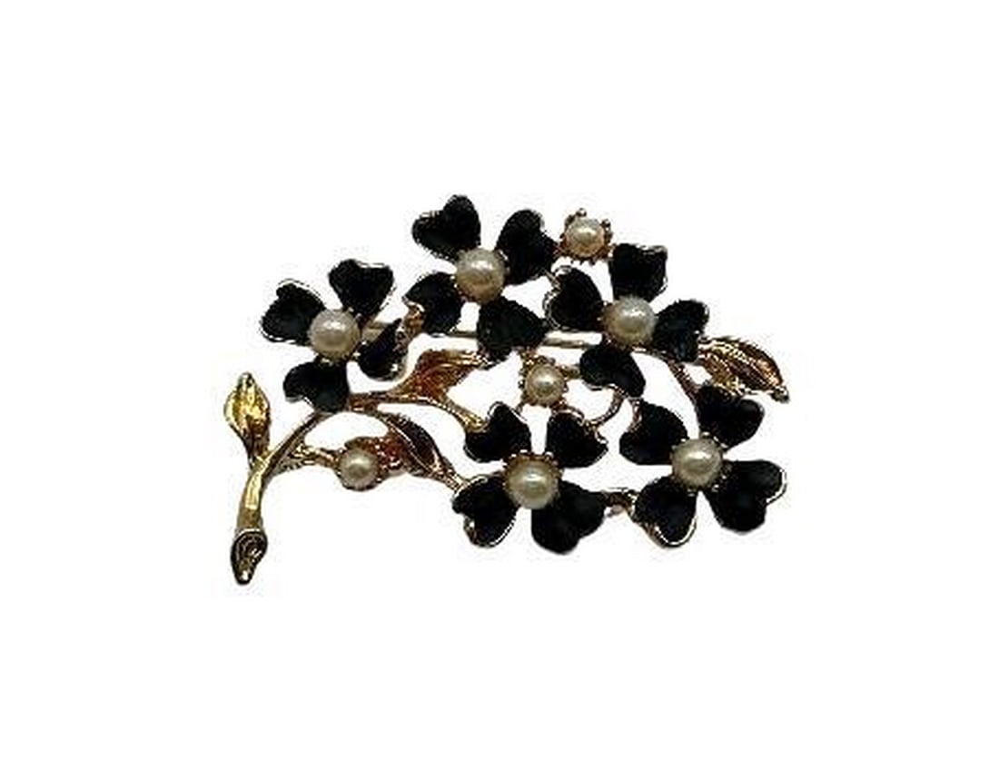 Black Floral White Pearl and 18KTEP Yellow Gold Brooch: Black Floral White Pearl and 18KTEP Yellow Gold Brooch This tasteful brooch can be matched to suit any outfit. Genuine Natural High Quality, Semi-Precious Stones, Hand-Prong Set, and Hand Finished.
