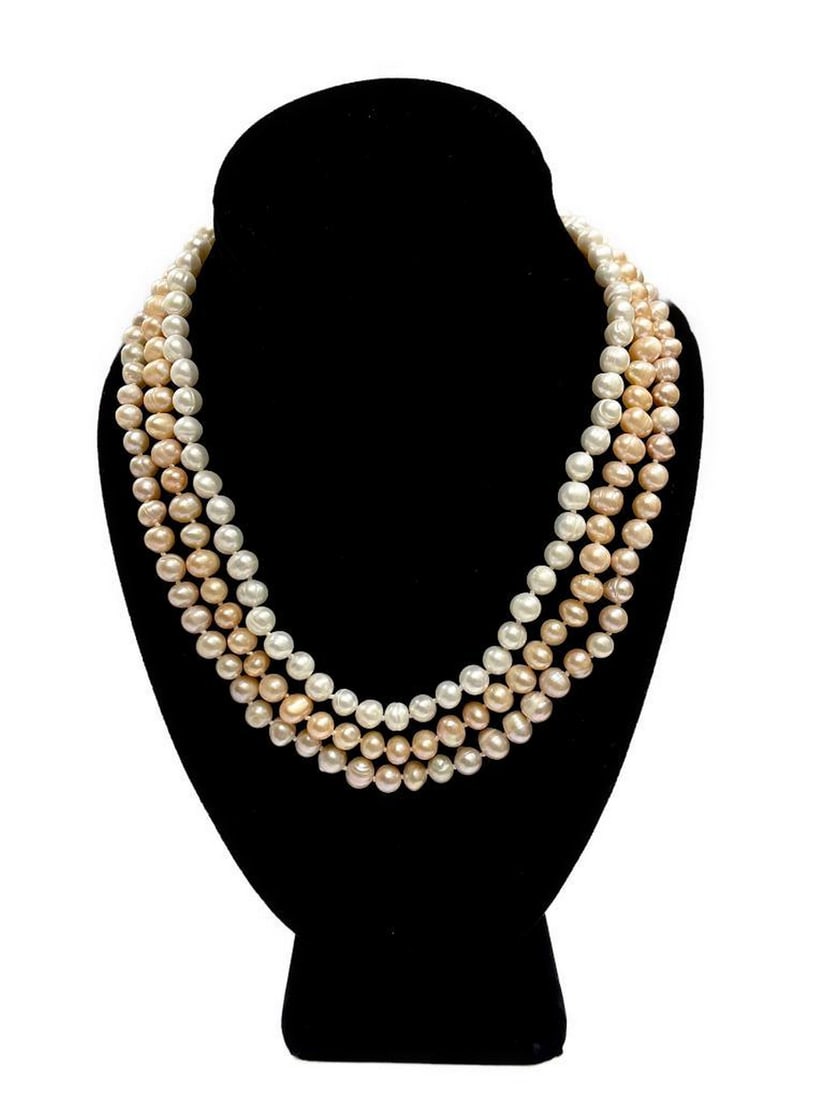 Enchanting Floral Clasp Three-Strand Pink, Purple and White Freshwater Pearl Necklace (1 of 6)