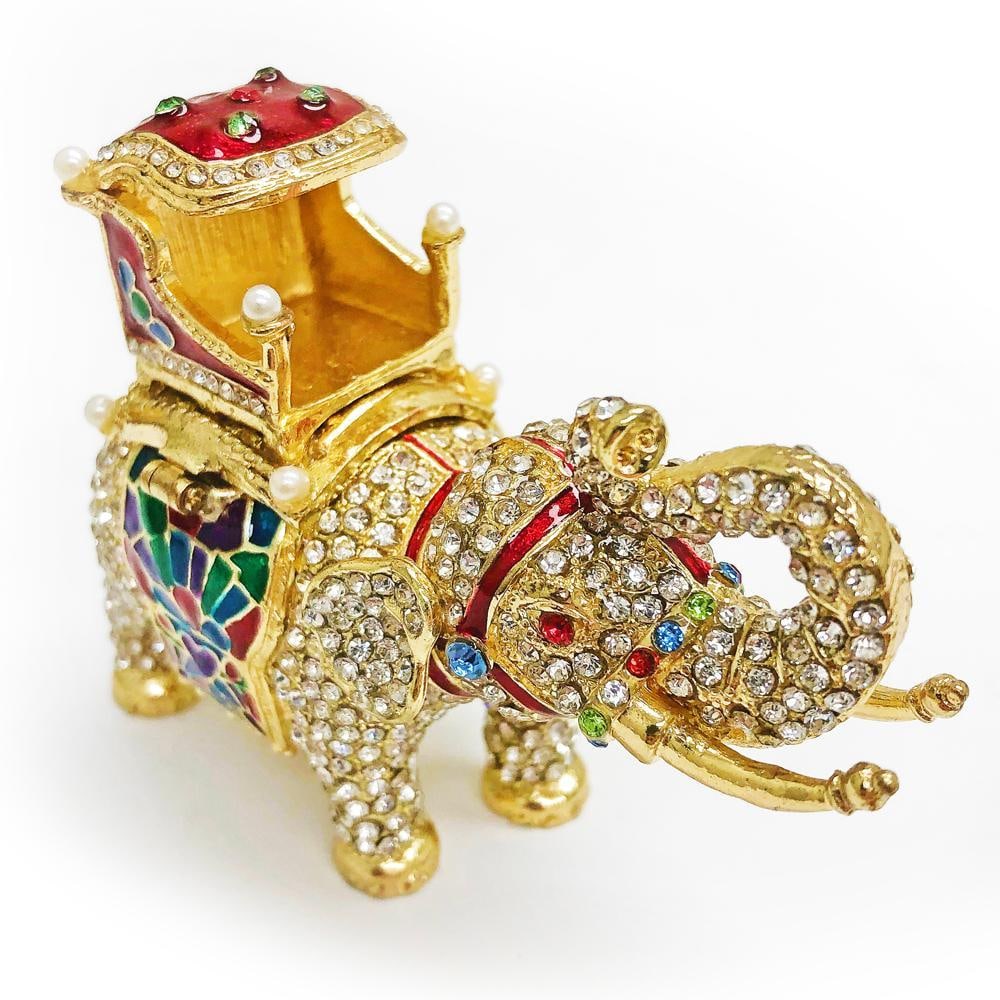 Bejeweled Elephant Trinket & Jewelry Box with Rhinestones: Bejeweled Elephant Trinket & Jewelry Box with Rhinestones This delightful elephant-shaped trinket box is beautifully bedazzled with sparkling rhinestones and features vibrant, colorful detailing o