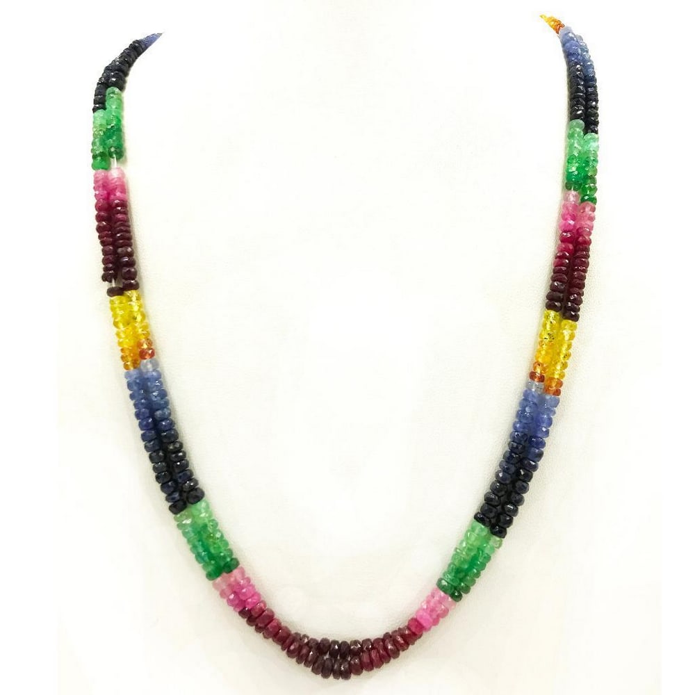 2 Strand Emerald, Ruby, and Sapphire String Necklace: 2 Strand Emerald, Ruby, and Sapphire String Necklace Gemstone Diameter: 3.4mm - 4.5mm Necklace Length: 45cm Weight in Carats: 144.1 View Photos For Further Details