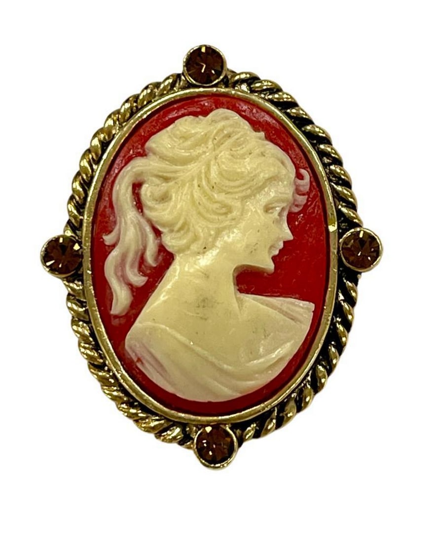 Crimson Treasure Victorian Lady Cameo Gold Brooch (1 of 3)