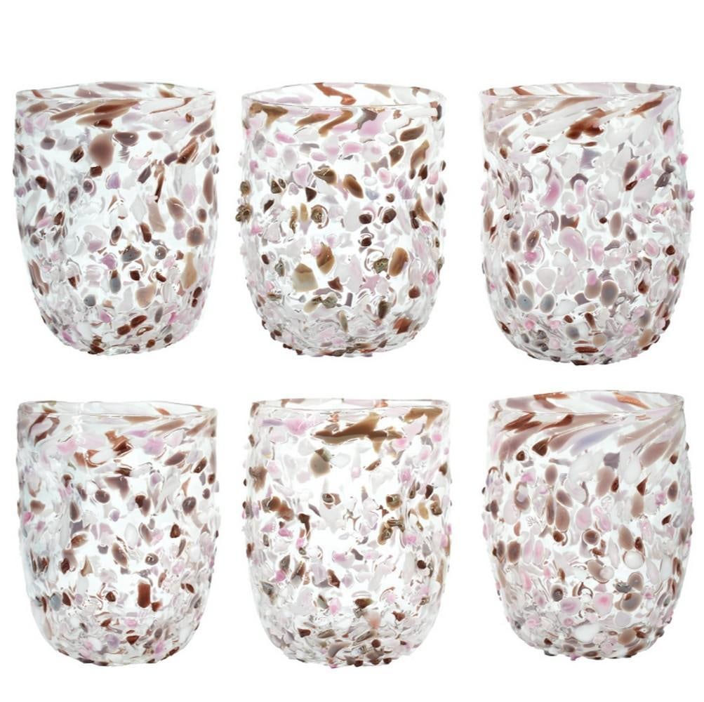 Set of 6 Drinking Glasses Rose Pointilism – Murano Glass: Set of 6 Drinking Glasses Rose Pointilism – Murano Glass Handmade in Murano using the traditional glassblowing technique, this set of six glasses is decorated with macete, small pieces of colored gl