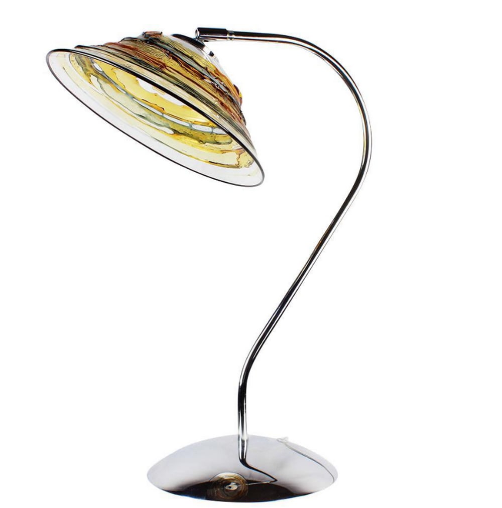 Blown Glass Ciril Disco Table Lamp: Blown Glass Ciril Disco Table Lamp This table lamp is handcrafted using the sbruffi technique and blown by our master glass artisans. It features a disc shape in vibrant yellow, black, and crystal