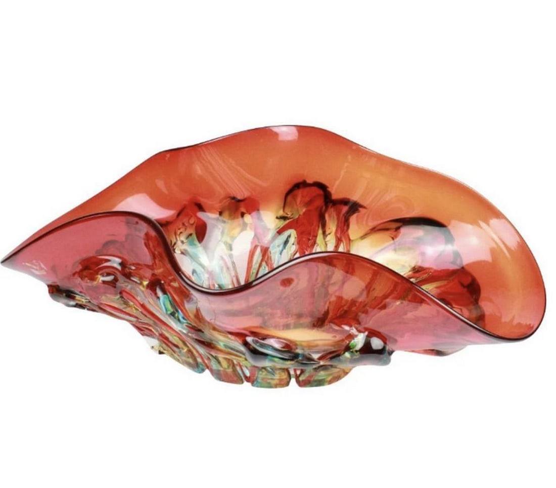 Sombrero Murano Glass Centerpiece Bowl with Red and Green Details: Sombrero Murano Glass Centerpiece Bowl with Red and Green Details The Sombrero Murano Glass Centerpiece Bowl is a striking decorative piece, shaped like a sombrero. It features a swirling pattern with