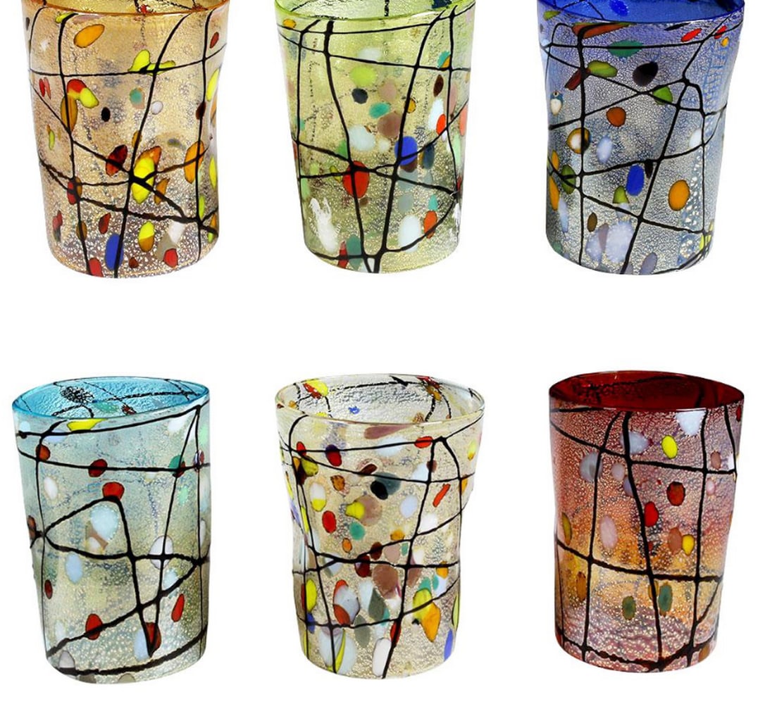 Kandinsky Drinking Glasses Set with Pure Silver - Murano Glass: Kandinsky Drinking Glasses Set with Pure Silver - Murano Glass Hand-blown Murano glass Venetian tumblers adorned with pure silver, inspired by Vassily Kandinsky’s abstract art, feature bold